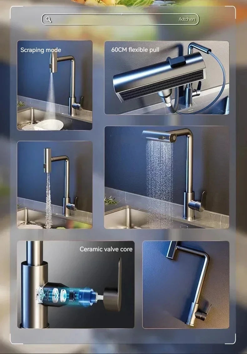 Kitchen Pull-out Flying Rain Waterfall Faucet Hot and Cold Faucet 304 Stainless Steel Single Hole Kitchen Faucet Bathroom