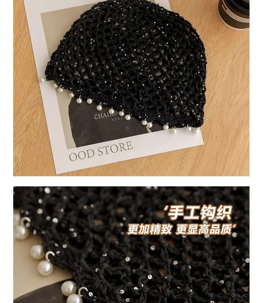 Fashion Hollowed Out Woven Pullover Hats Crochet Breathable Beret Cap Pearl Fringed Retro Beanies Cap for Women Summer Korean