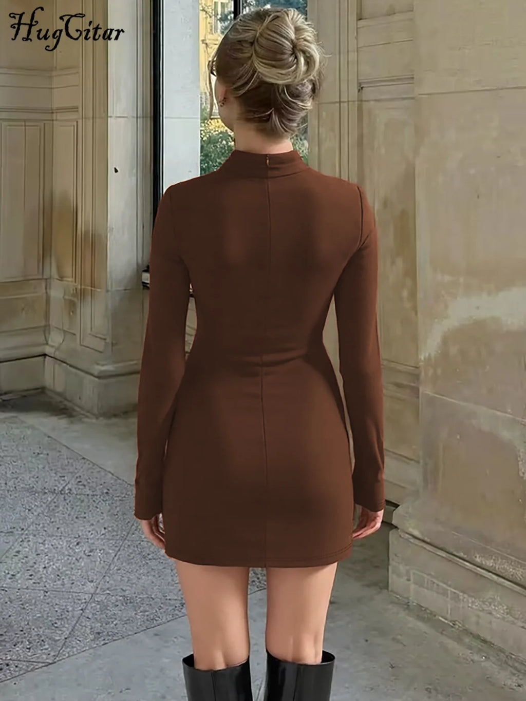 Hugcitar Women Elegant Turleneck Long Sleeve Ruched Sexy Bodycon Mini Dress Autumn Women Clothes Streetwear Party Festival