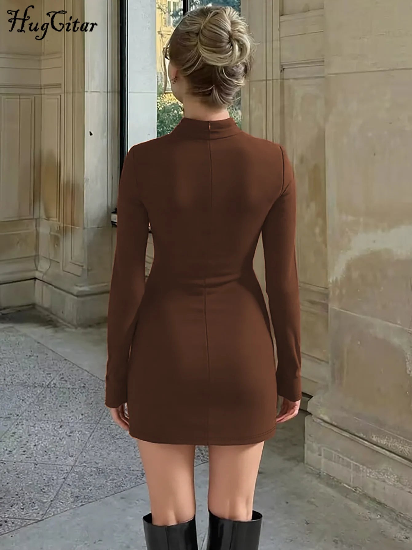 Hugcitar Women Elegant Turleneck Long Sleeve Ruched Sexy Bodycon Mini Dress Autumn Women Clothes Streetwear Party Festival