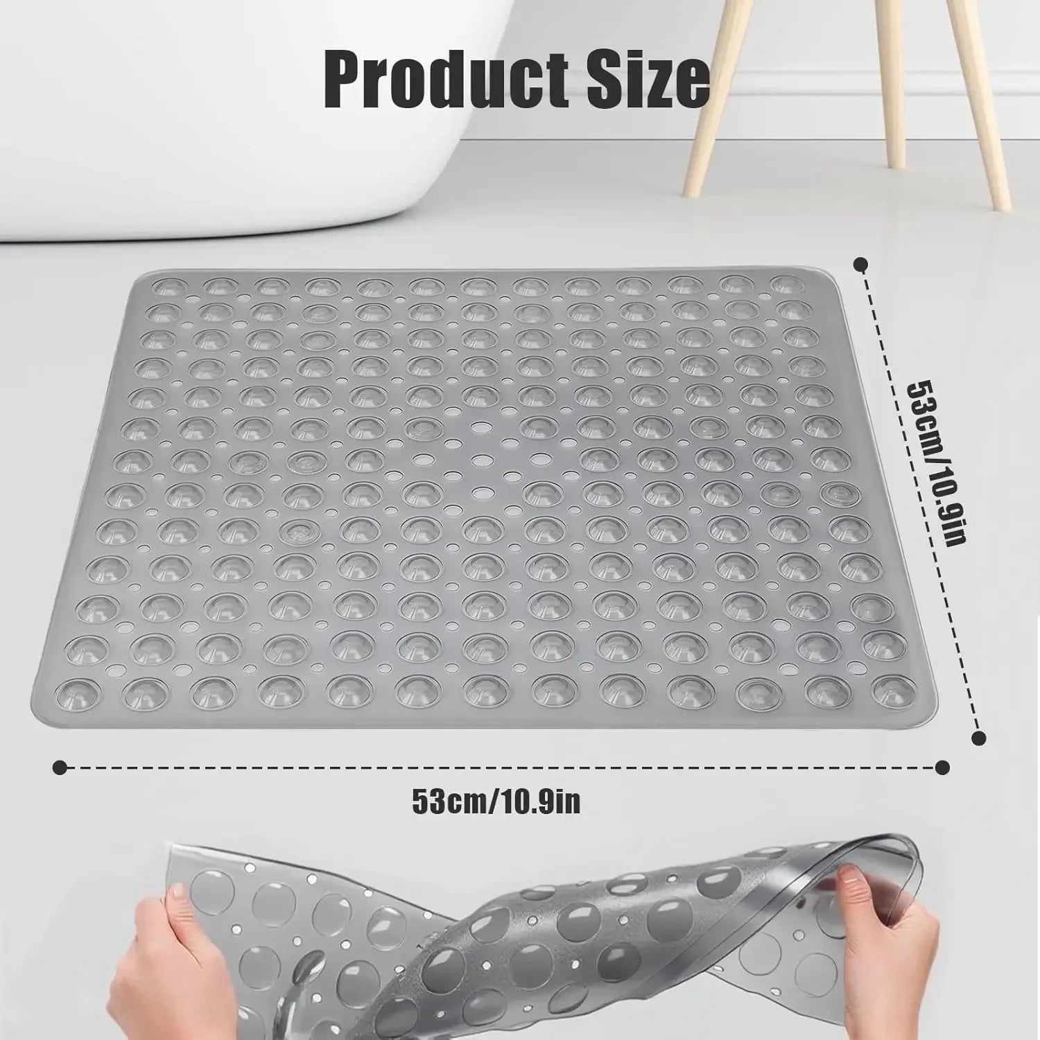 Square Shower Mat Bathtub Mat Non Slip 53x53cm, Square Bath Mat for Inside Shower Tub, Shower Stall Mats for Bathroom Floor