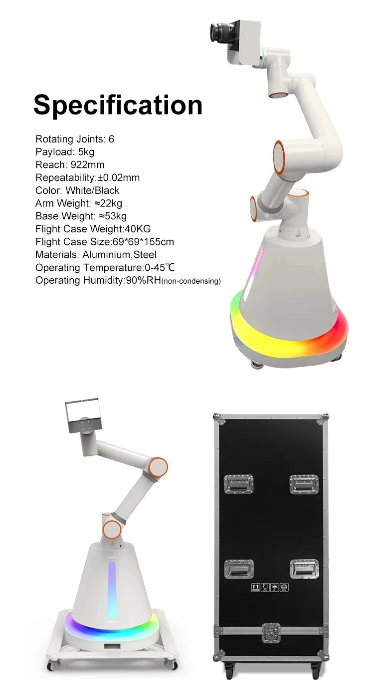 Customized  6 Axis Interactive Robot Photo Shooting Automatic Visual Camera Slow Motion Recording Light Function