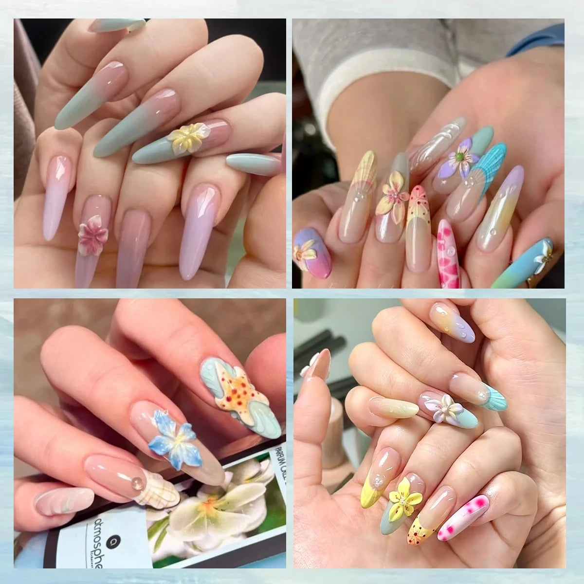 3 to 120 Sheets Tropical Flower Nail Stickers Hibiscus Butterfly Starfish Nail Decals 5D Embossed Self Adhesive Summer Nail Art