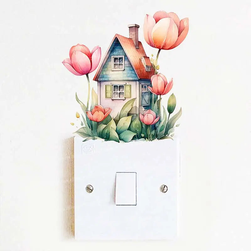 Plants Flowers House Switch Sticker Wall Stickers living Room Socket Light Switch Background Self-adhesive Decoration M1042