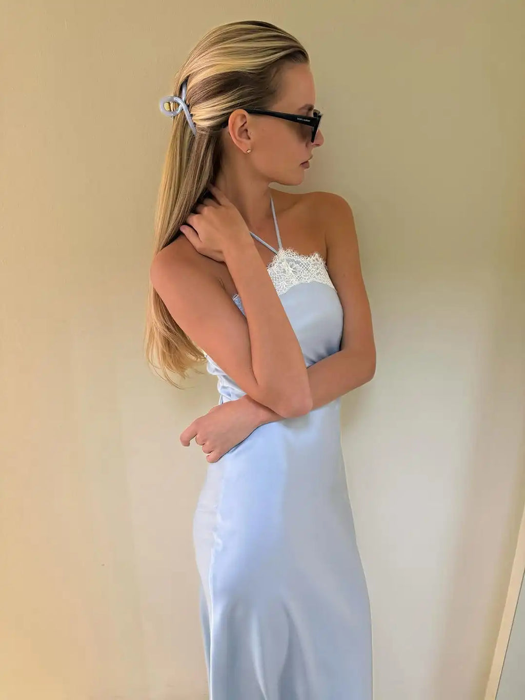 Women's Blue Satin Lace Trim Halter Neck Maxi Dress Elegant Sleeveless Backless Slim Long Robes 2026 Female Evening Party Gowns