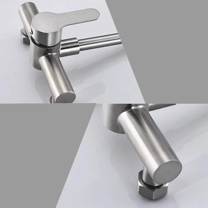 Wall Mount Kitchen Sink Faucet 304 Stainless Steel 2 Modes Hot and Cold Mixer Taps Double Hole Rotating Kitchen Faucets Brushed