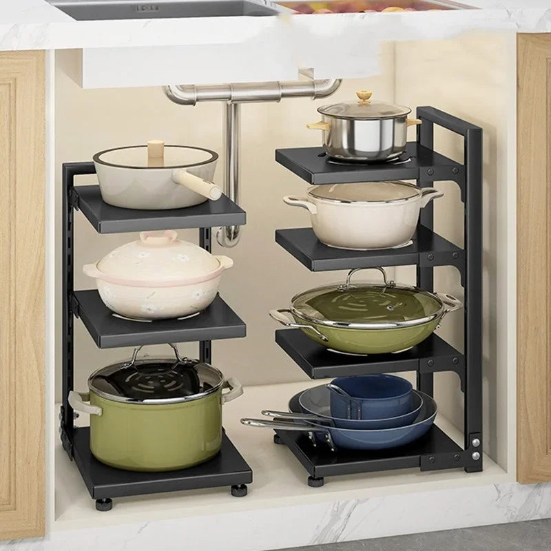 Kitchen Storage Rack Adjustable Plates and Pots Carbon Steel Storage Rack Free Layered Snap-on Floor Pot Rack Kitchen Storage