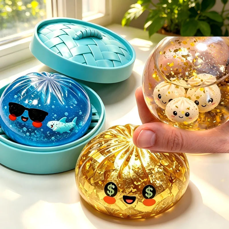 Glitter Shark Dumplings Squishy Toy Soft Slow Resilience Mini Buns Fidget with Steamer Steamed Stuffed Bun Pinch Le