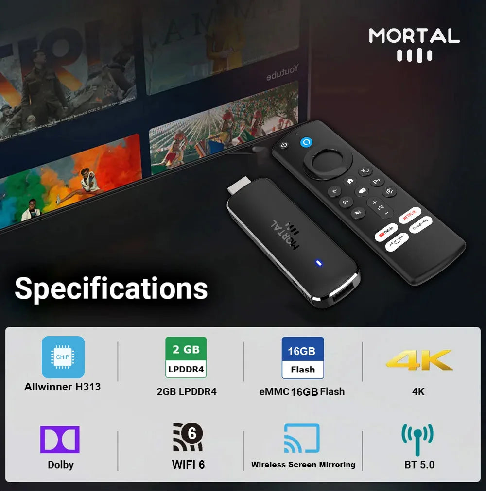 Mortal Android14 TV Stick WIFI6 Voice Control TV Stick Q8 8K Video Allwinner H313 Netflix YouTube TV Box Free Live TV Streaming
