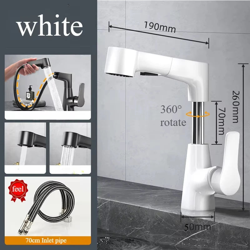 Basin Faucet Bathroom Pull Out Lift Mixer Tap Hot & Cold Water 360° Lift Up and Down Bathroom Sink Faucet