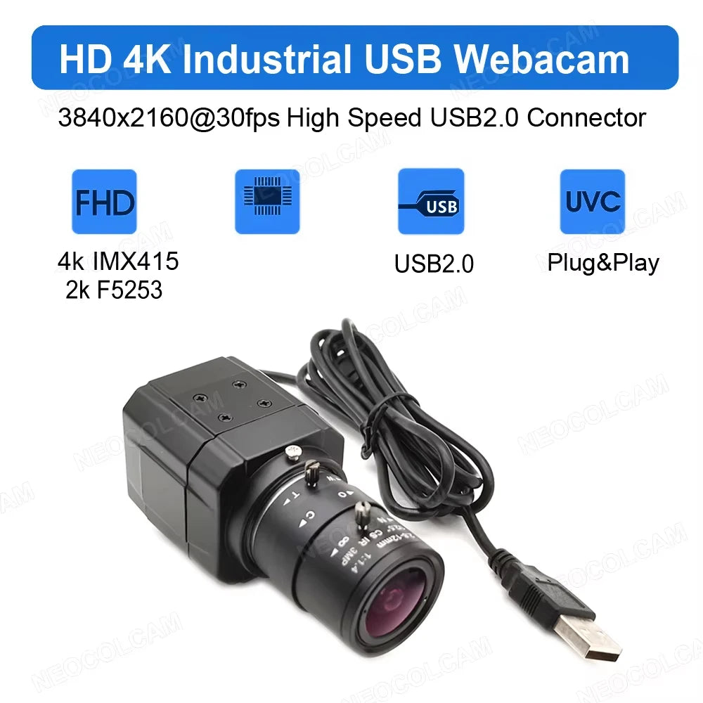 HD 4K USB Webcam With 2.8-12mm Varifocal Zoom Lens 2K 4MP PC Usb Video Camera UVC OTG Plug And Play For Live Streaming