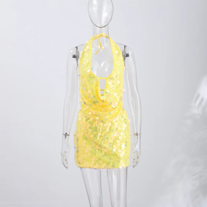 Sequins Halter Hollow Out Dress Women's Sexy Backless Sleeveless Contrast Color Mini Dresses 2026 Summer New Lady Beach Robes