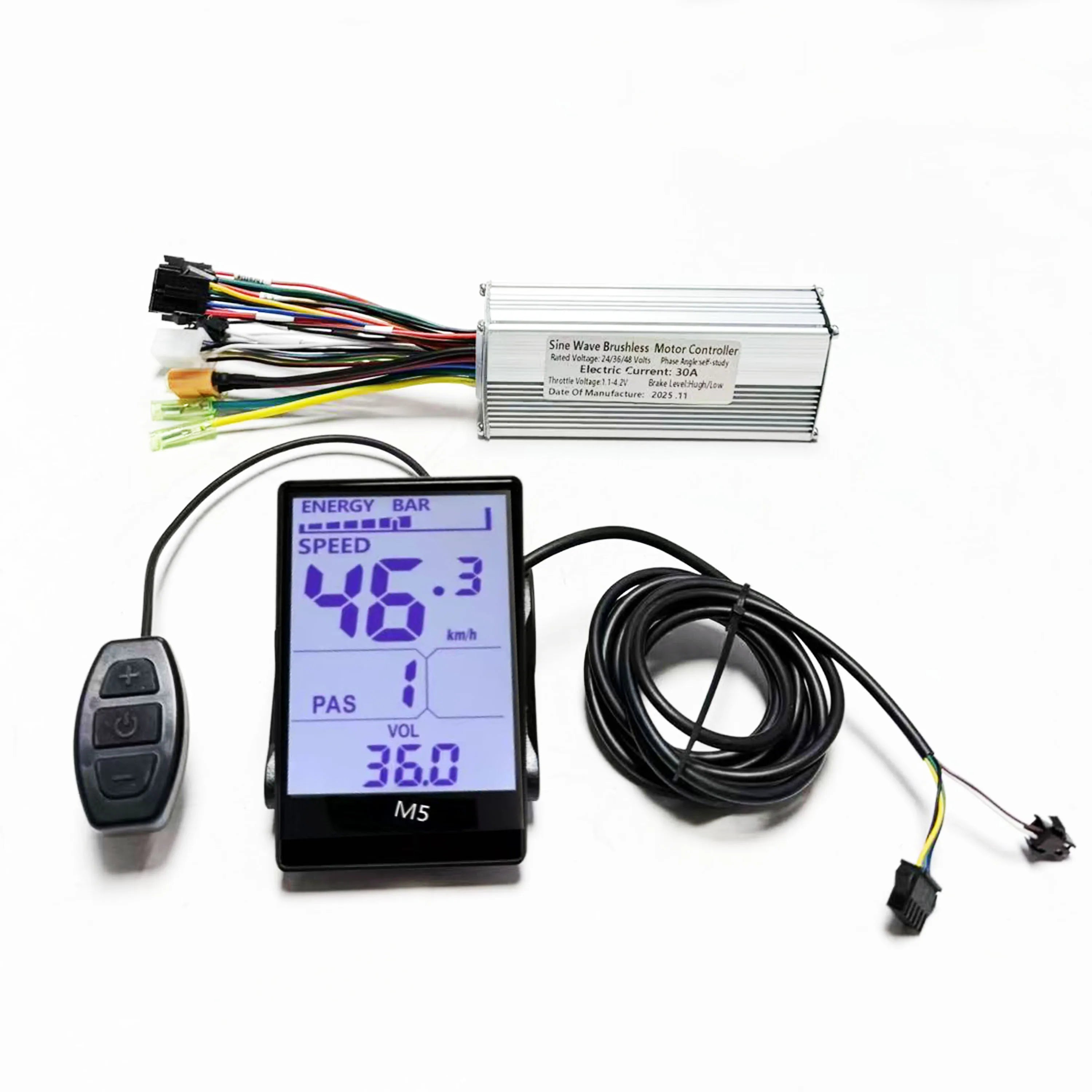 E-Bike 24v 36v 48v Sine Wave Brushless 3Mode Controller 30A 750W-1000W with M5 LCD Display Screen UART No.2 for E-Scooter Repair