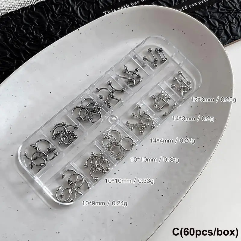 30pcs/box 6 Grids Nail Piercing Punk Charm Metal Alloy Pierced Black/White Nail Jewelry Decor 3D Nail Supply For Cool Girl