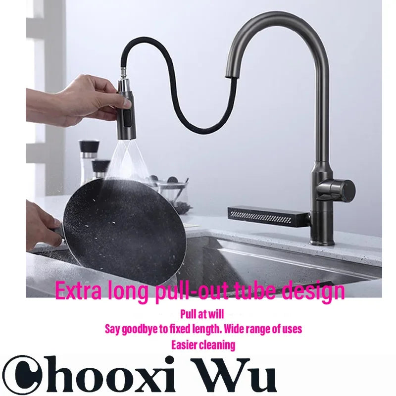 304 Stainless Steel Kitchen Faucet with Waterfall Sink Countertop Installation Hot Cold Mixer 360° Rotation for Kitchen