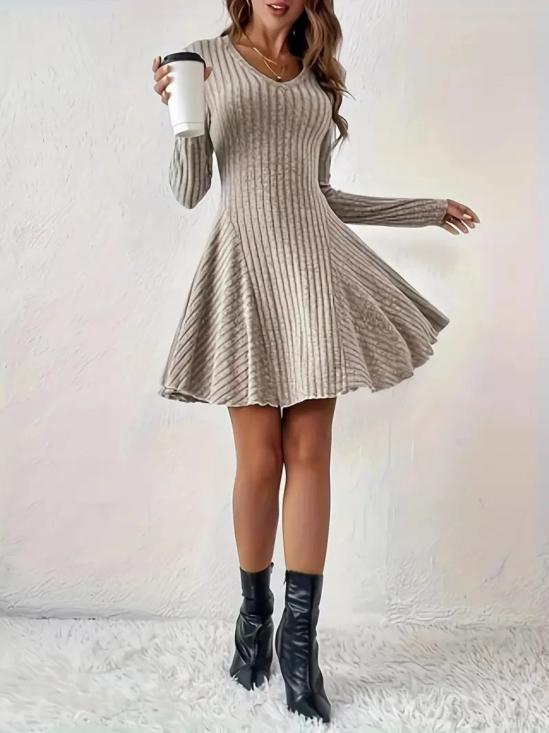 Women's V-Neck Knit Dress - Long Sleeve Swing Mini Dress, Elegant Bodycon Short Dress
