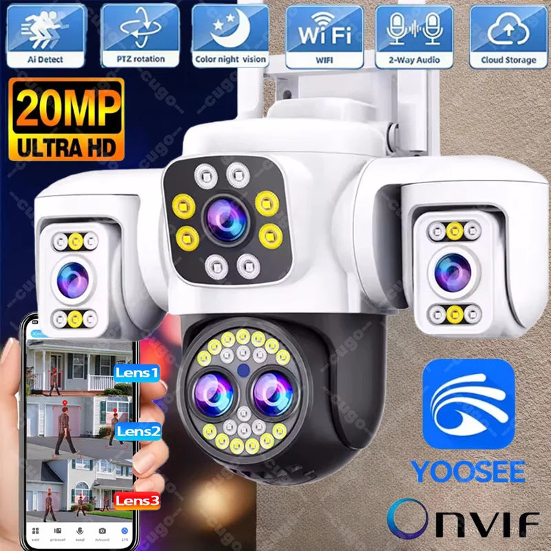 Security Protection 10K WiFi Camera Outdoor Four Lens Triple Screen 10X Zoom 360° CCTV Surveillance Yoosee 20MP Security Cameras