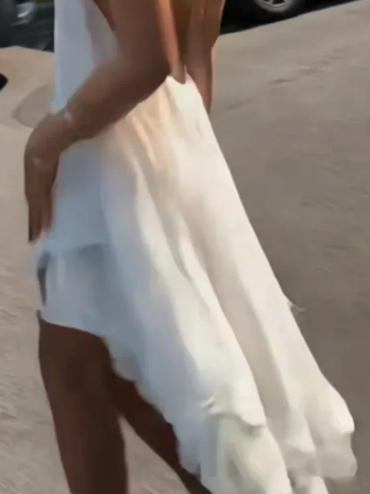 French Romantic White Halter Neck Mini Dress Women Elegant Sleeveless Chiffon High Low Hem Gowns Summer Bridal Shower Party Wear