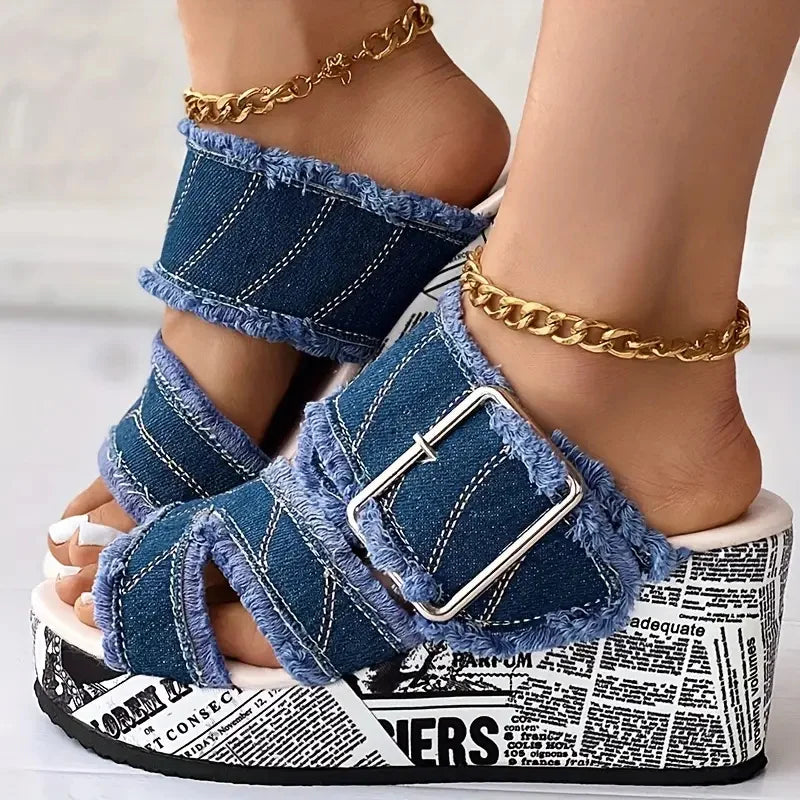 Women Sandals Casual Fashion Vacation Daily Shoes Women Summer New Buckled Denim Platform Wedge Sandals Women Zapatos De Mujer