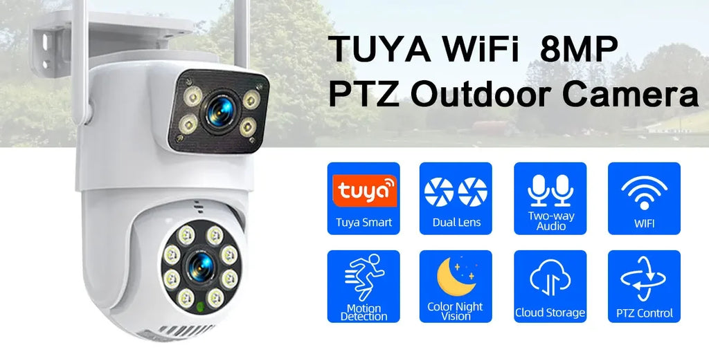 ANSVICAM Tuya Outdoor Wireless Security IP Camera 4K 8MP HD Dual Lens Wifi PTZ Camera Auto Tracking Street Surveillance Camera