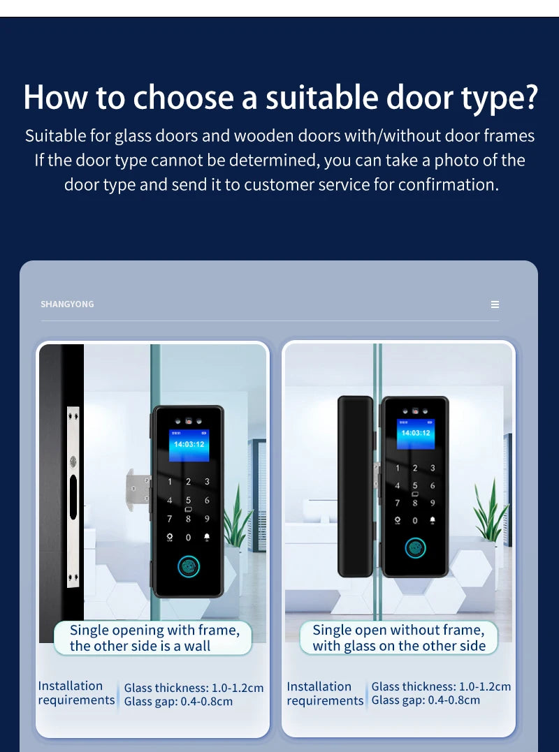 3D Face Tuya Wifi Electronic Smart Glass Door Lock With Biometric Fingerprint/RFID Card /Password Unlock/USB Emergency Charge