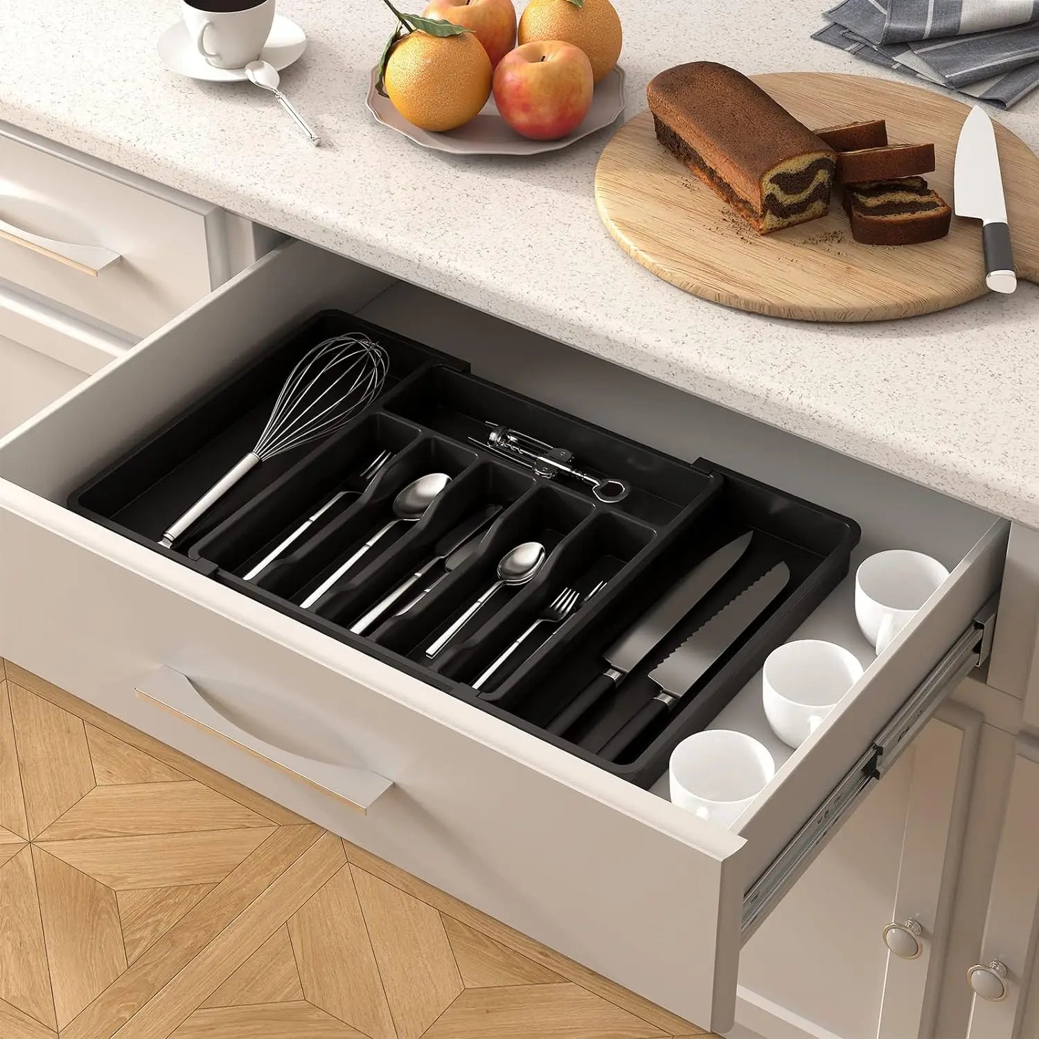 Large Extendable Cutlery Organizer Tray Adjustable Kitchenware Drawer Storage for Spoons Forks Knives