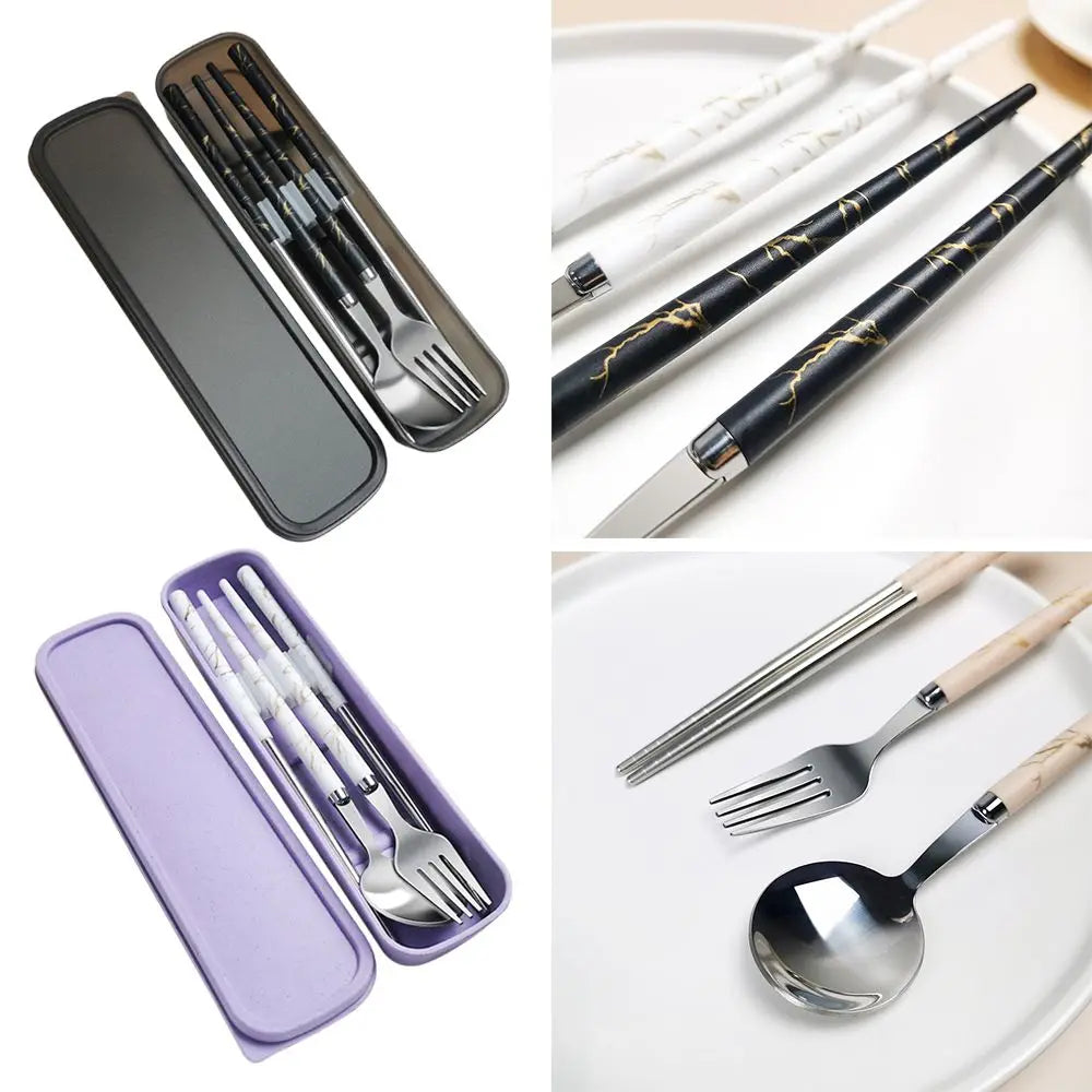Kitchen Accessories Reusable With Box Tableware Portable Stainless Steel Spoon Fork Chopsticks Set Dinnerware Cutlery Set