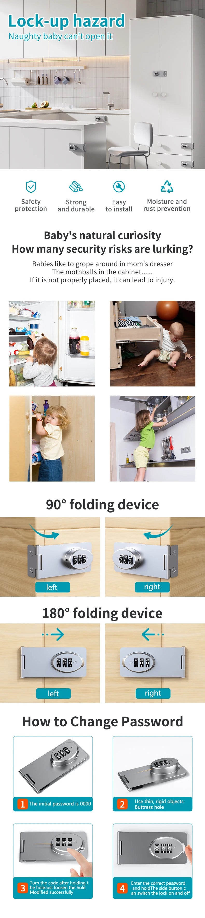 Mechanical Password Locks Door Security Slide Latch Lock for Small Doors Cabinets Barn Door Bathroom Outdoor Garage Garden