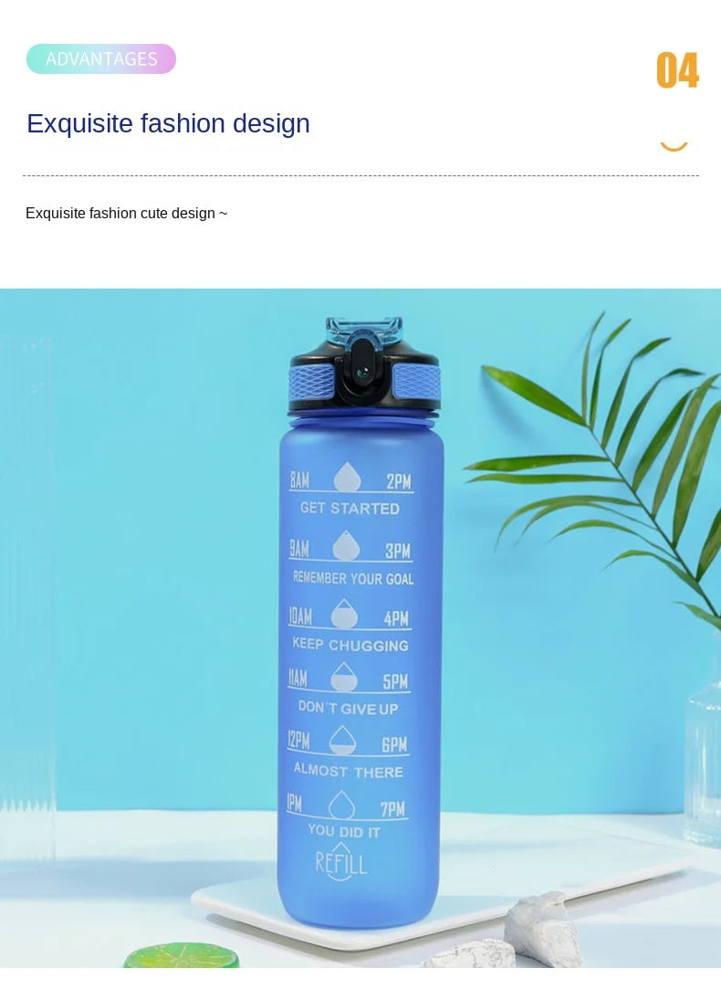 1pc 1000ml Large Capacity Gradient Water Bottle,Water Bottle with Straw 1 Litre Leakproof with Time Marker,for Sports Fitness