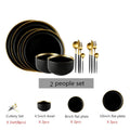 For1/ 4/6/8 Personal Black Porcelain Dinner Plates Set Ceramic Tableware Food Dishes Rice Salad Noodles Bowl Wiht Cutlery Set