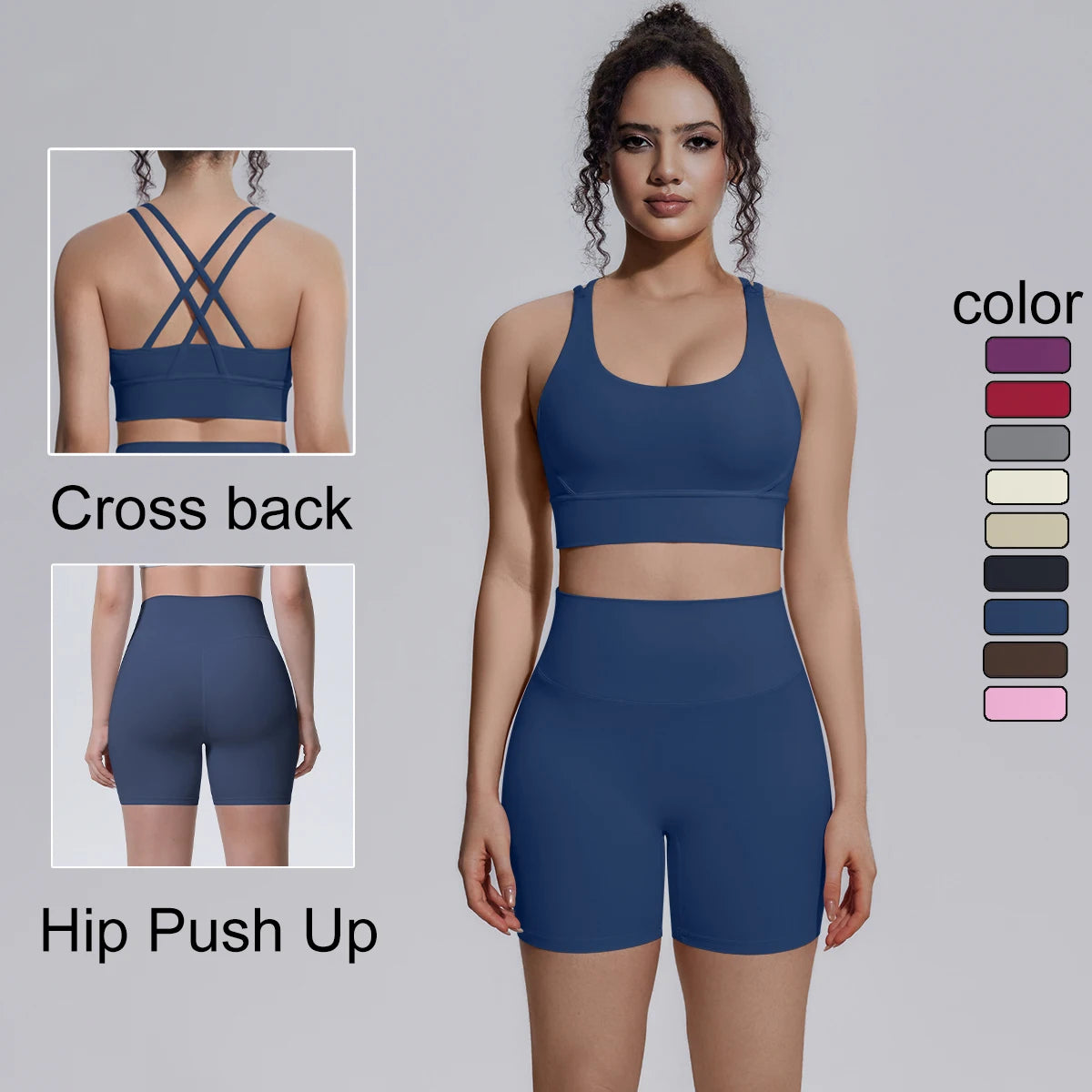 2PCS/set Yoga Set Summer Breathable Running Cycling Backless Sports Bra High Waist Peach Buttocks Fitness Shorts Gym Yoga Set