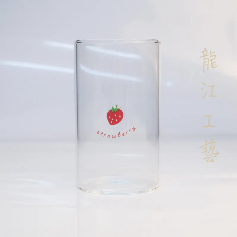 300ml 10oz High borosilicate Nana Cute Strawberry Water Milk Drinking Glasses Cup With Straw