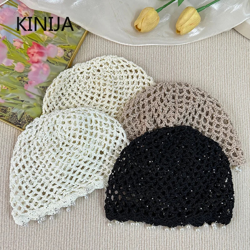 Fashion Hollowed Out Woven Pullover Hats Crochet Breathable Beret Cap Pearl Fringed Retro Beanies Cap for Women Summer Korean