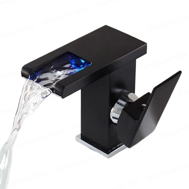 Black Bathroom Sink Faucet Single Hole Cold and Hot Water Mixing Valve Faucet 3 Colors Changing Color Changing Waterfall Faucet