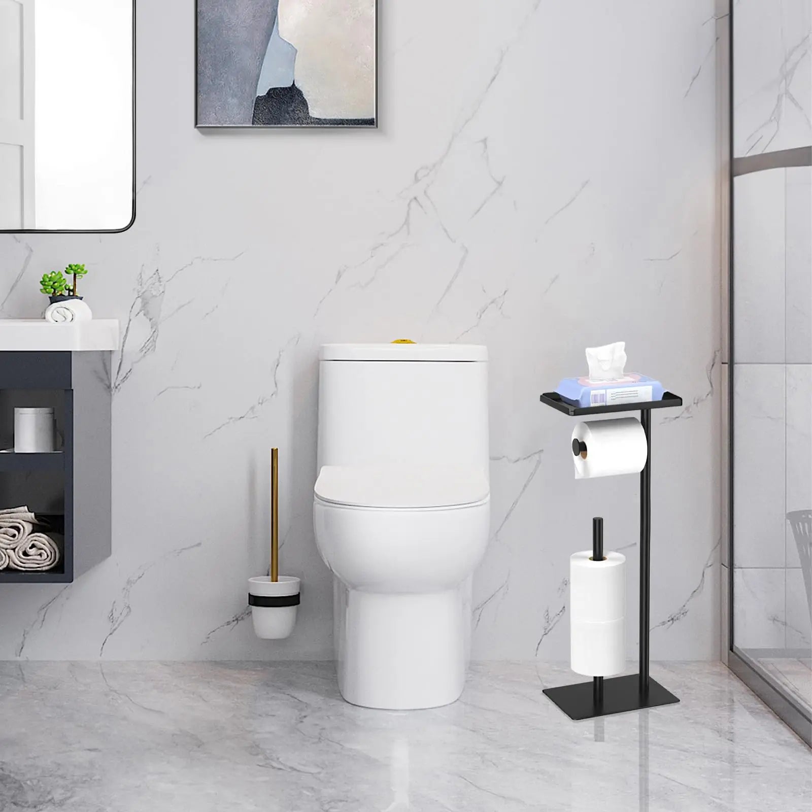 Stainless Steel Standing Toilet Set, Toilet Paper Holder with Toilet Brush for Bathroom Storage