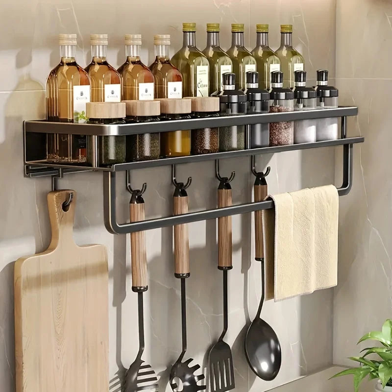 Multifunctional Aluminum Wall-Mounted Shelf Kitchen Spice Storage Rack Kitchen Supplies Storage Hooks Kitchen Accessories