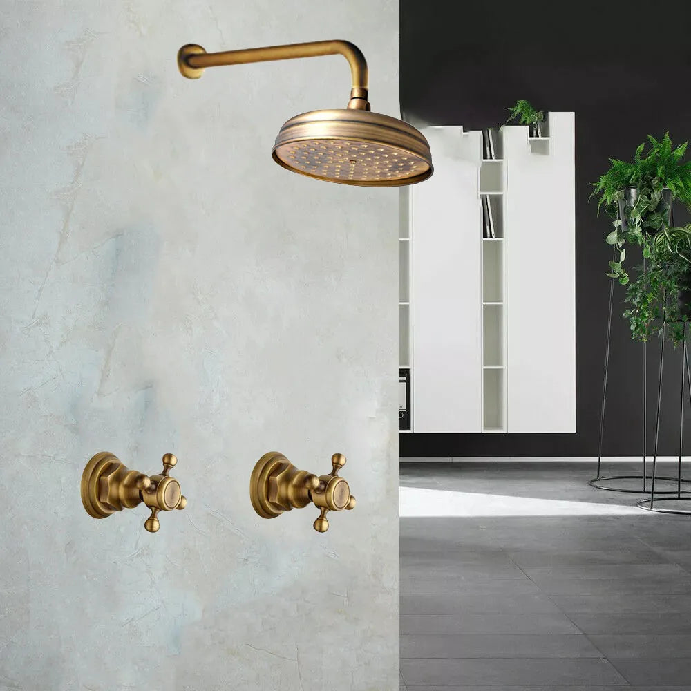 Bathroom Rainfall Shower Faucets 8 Inch Antique Brass Round Wall Mounted Faucet Sets Dual Handles Mixer Tap