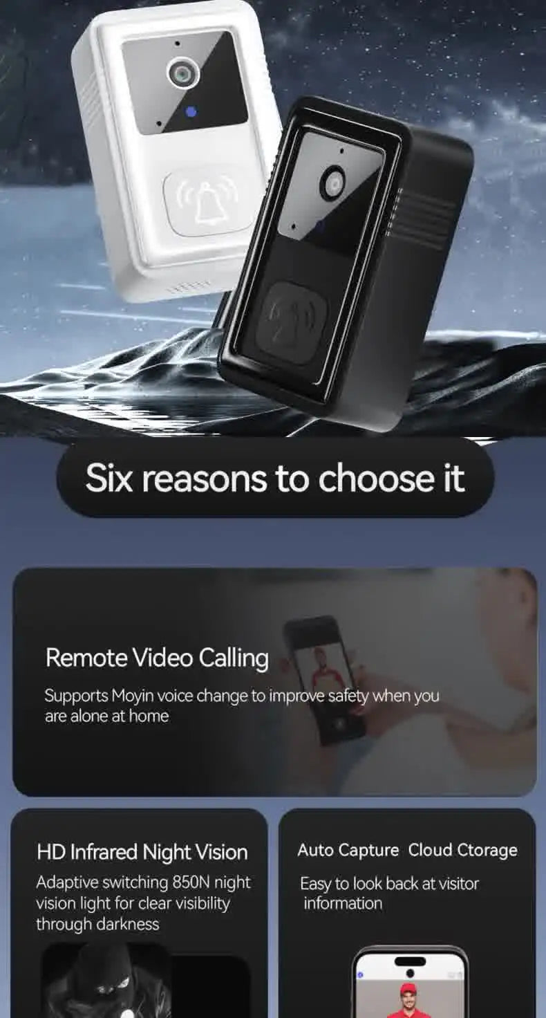Smart Doorbell Camera Visual Security Doorbell Audio Video Intercom With Camera Wireless Self-Adhesive Night Vision App Control