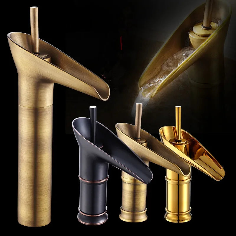 Bathroom Faucet Single Lever Waterfall Basin Faucet Brass Antique Hot and Cold bathroom Sink Mixer Wine Glass Style Taps
