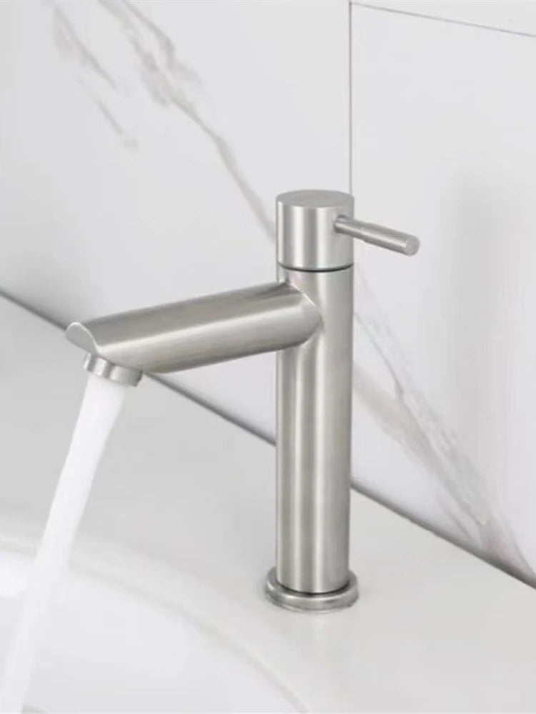 Basin Faucet 304 Stainless Steel Single Cold Water Tap Black Silver Color Deck Mounted Lengthening and Raising Basin Sink Tap