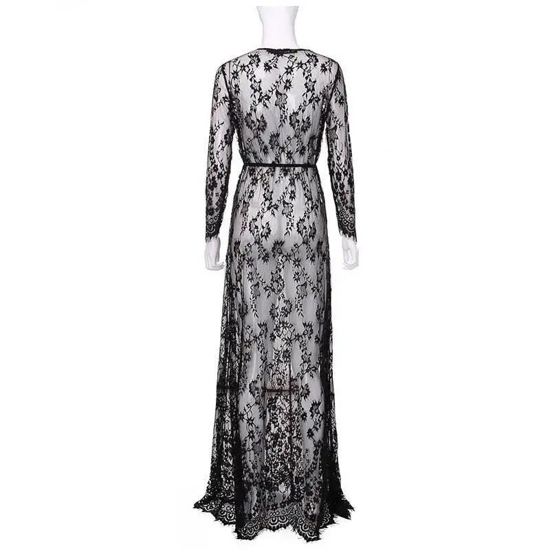 Fashionable Sexy Deep Collar Long Sleeve Lace See-through Bodycon Gown Trendy Women's Dress Elegant Draped Evening Dress