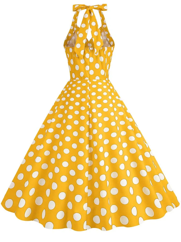 Sexy Retro Polka Dot Halter Dress Women Audrey Hepburn 50s 60s Vintage Gothic Pin Up Rockabilly Clothing