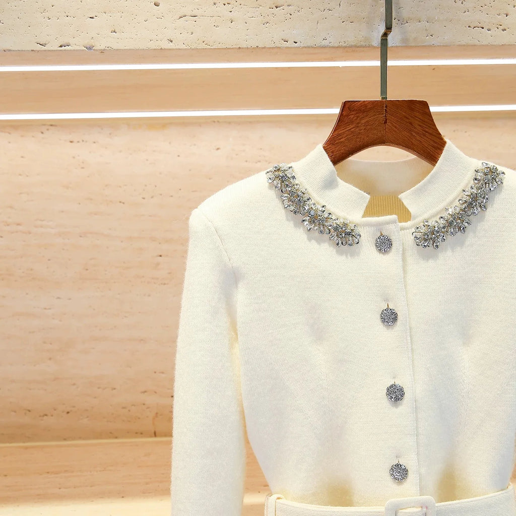 White Knit Two-Piece Style Dress with Rhinestone Button Belt Fitted Long-Length Women's Dress 2025 Fall New Arrival