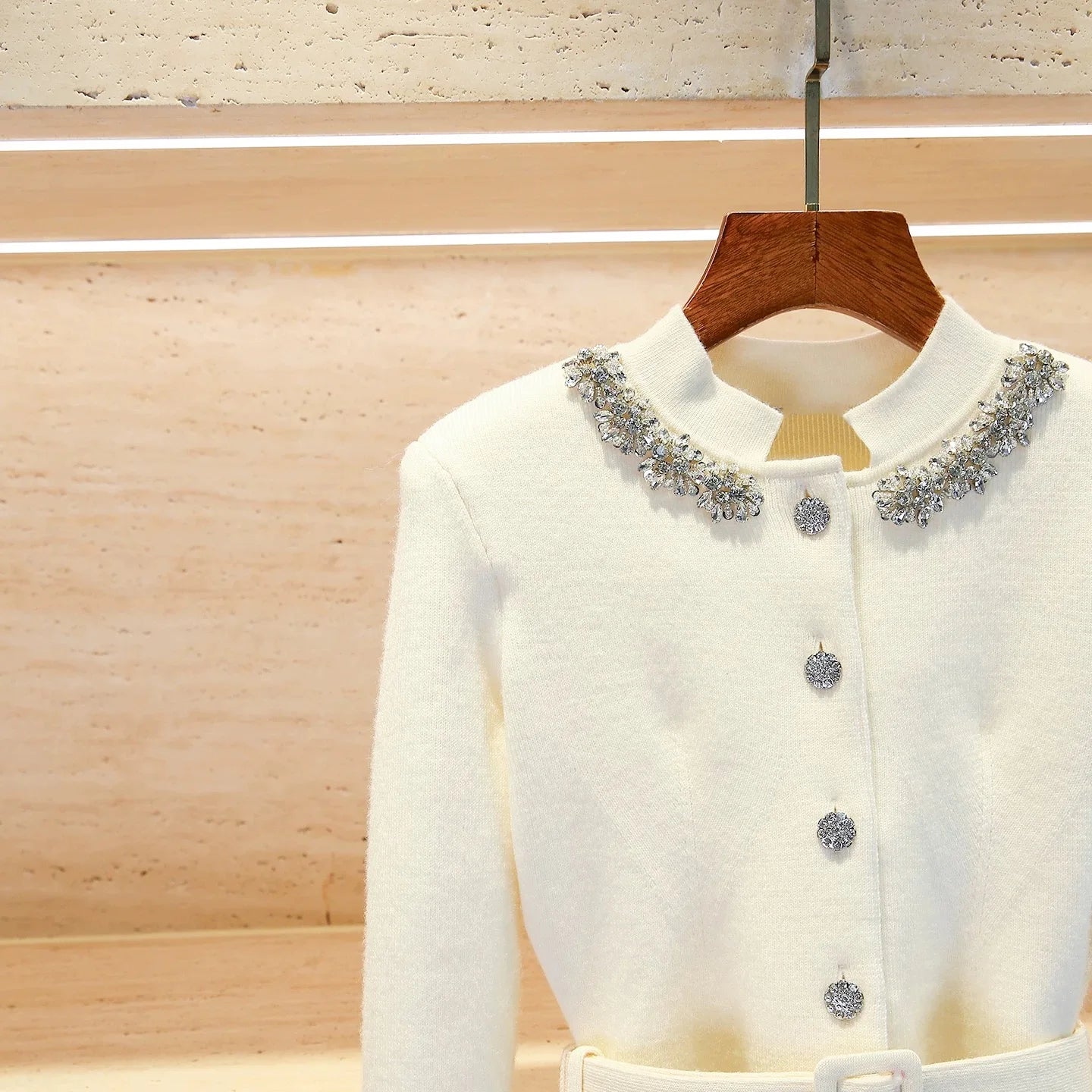 White Knit Two-Piece Style Dress with Rhinestone Button Belt Fitted Long-Length Women's Dress 2025 Fall New Arrival