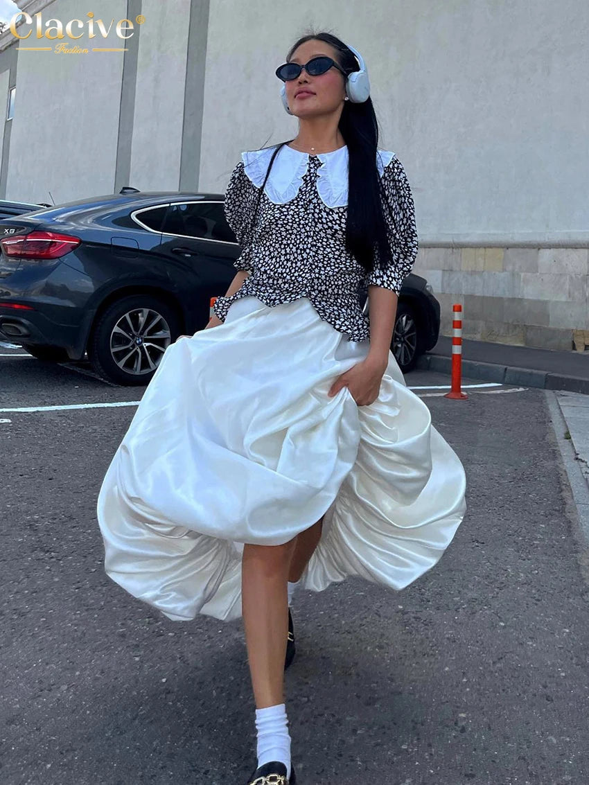 Clacive Fashion Beige Satin Skirts For Women Elegant High Waist Office Lady Ankle-Length Skirt Casual Loose Skirt Female Clothes