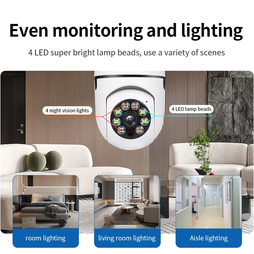 WiFi Security Camera E27 Bulb 8MP Wireless Baby Monitor AI Tracking Video Surveillance Pet Cameras Color Night Vision Indoor Cam
