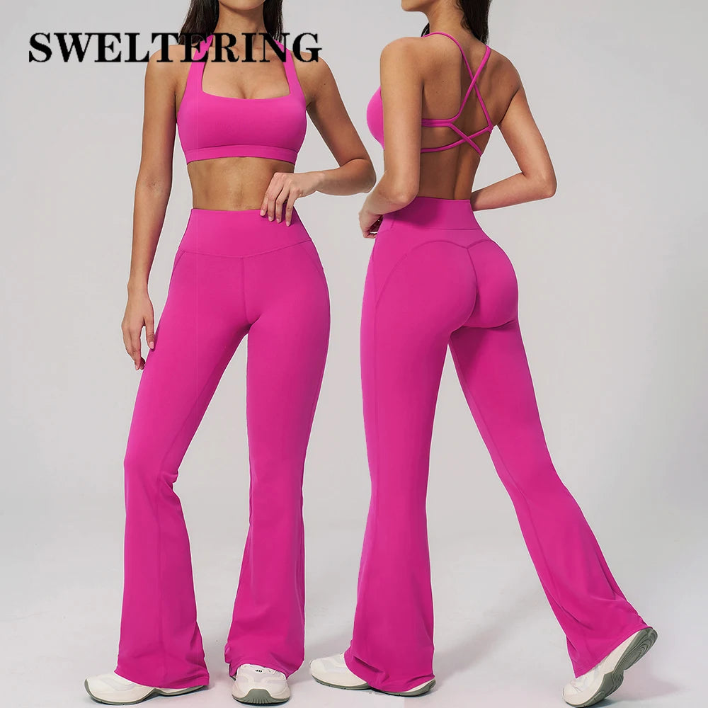 2PCS Flared Pants Yoga Set Women's Tracksuits Gym Fitness Outfits Sports Sets Female Shockproof Sports Bra Yoga Workout Clothes