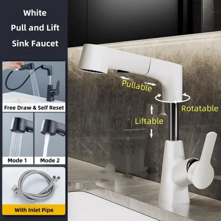 Bathroom Sink Faucet with Pull Out Sprayer Single Handle Single Hole 2 Spray Modes Bathroom Faucet Hot & Cold Water Mixer Tap