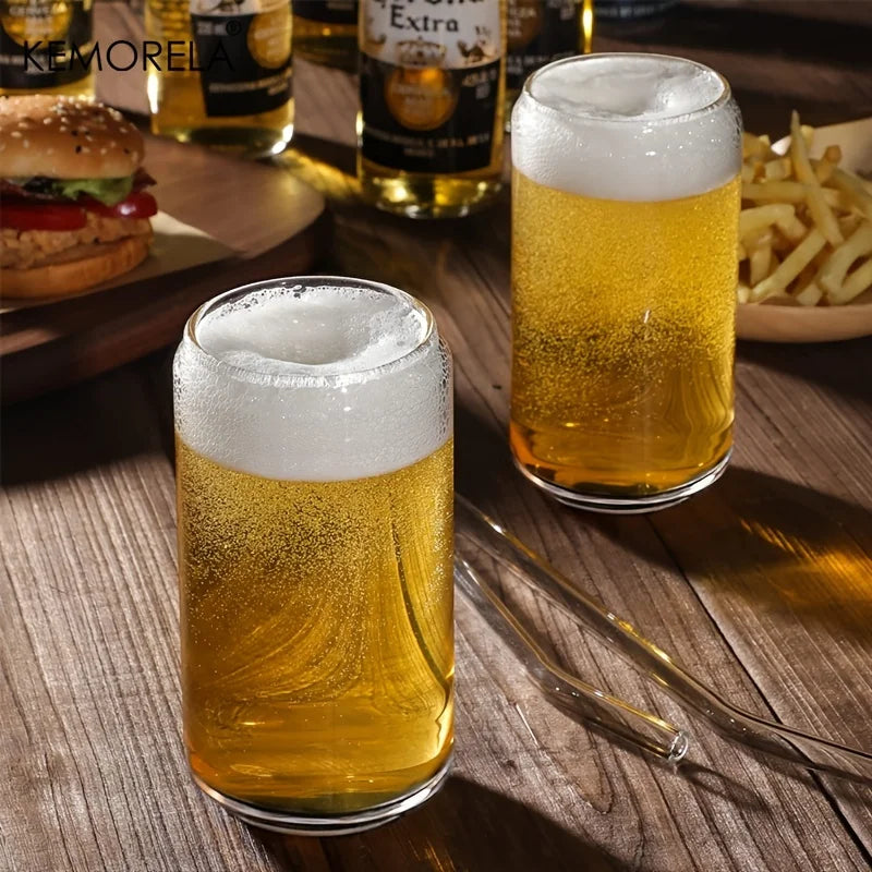Drinking Glasses Cup with Glass Straw 4pcs Set Can Shaped For Beer Iced Coffee Whiskey Soda Tea Water with 2 Cleaning Brushes