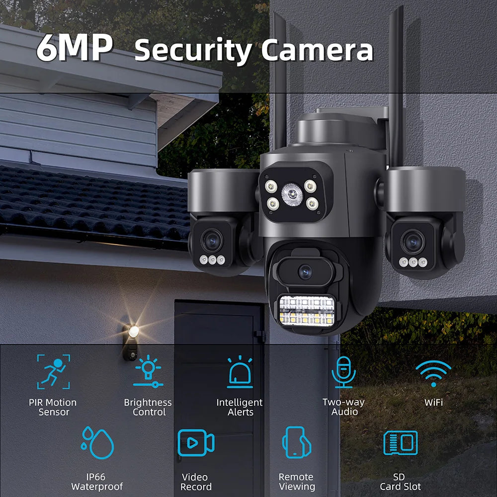 Hot Sale  iCsee 3 Lens 3 Screen WiFi Camera 360° Auto Tracking  Waterproof Outdoor CCTV, WiFi Security Cam ICsee Surveillance